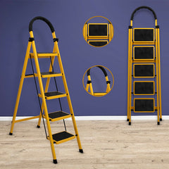 Plantex Premium GI Steel Foldable 5-Step Ladder for Home - Wide Anti Slip 5 Step Ladder (Yellow & Black)