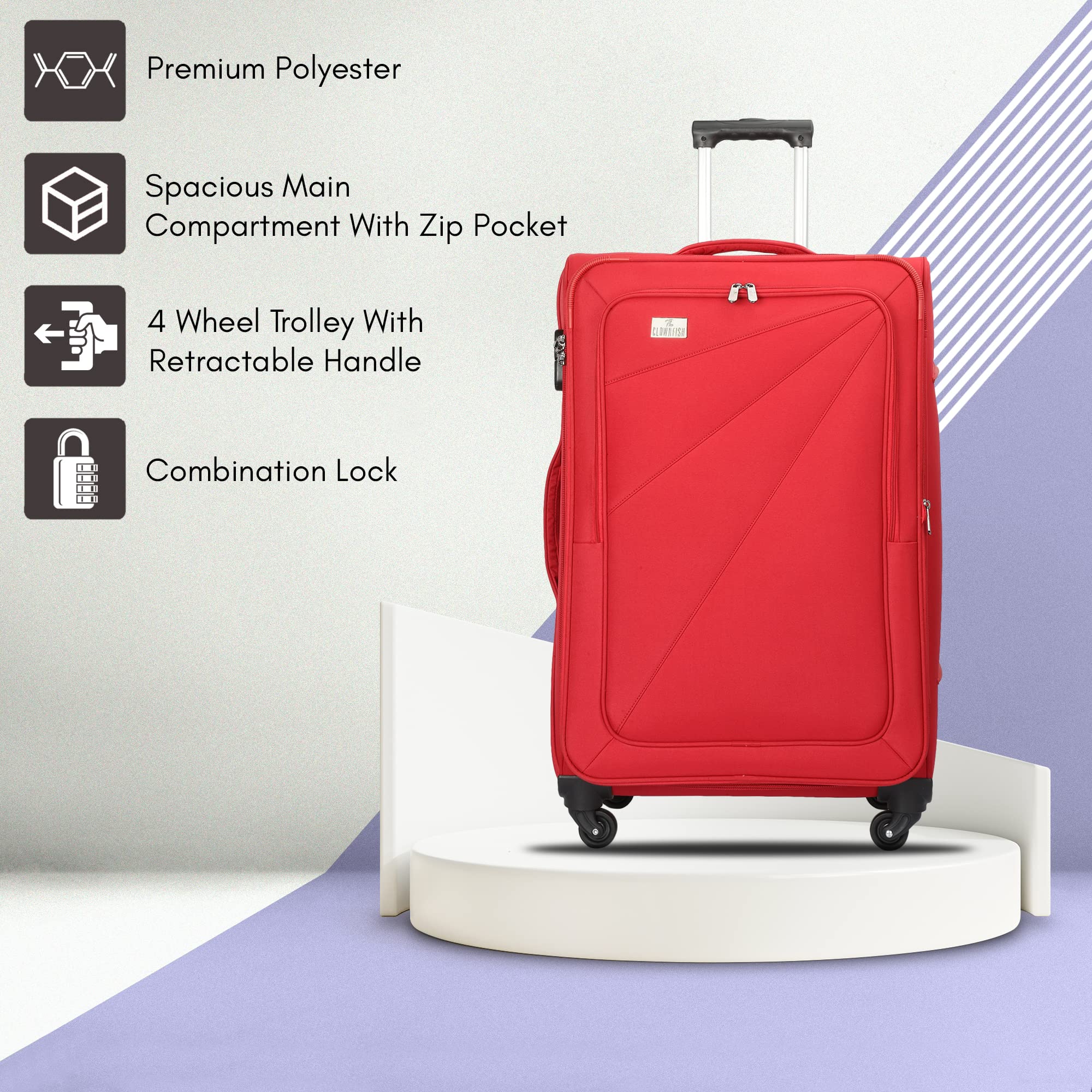 The Clownfish Farren Luggage Polyester Softcase Suitcase Four Wheel Trolley Bag- Red (Medium Size- 68 cm)