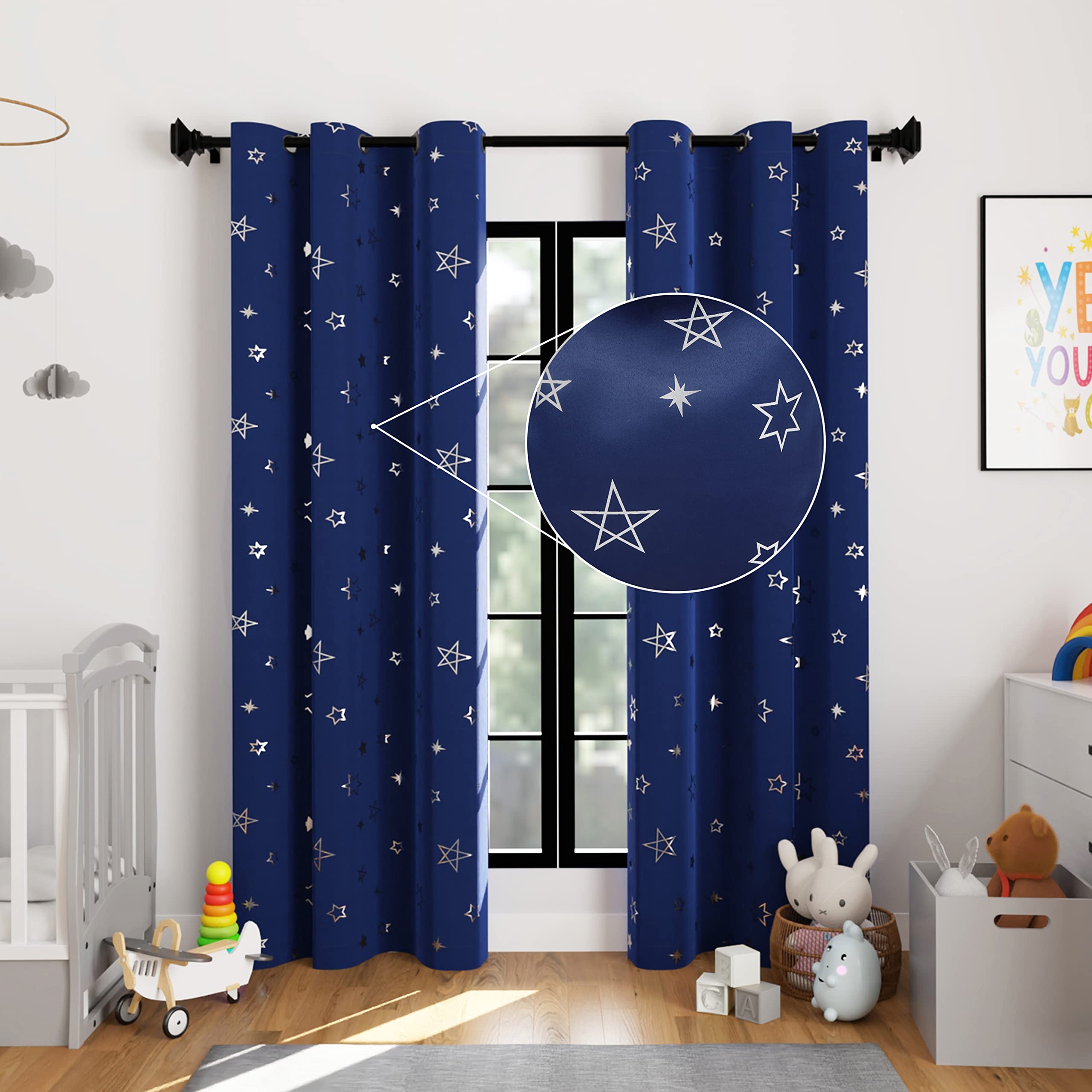 Encasa Polyester Printed Curtains With Grommet (Navy, 7 Feet)(Eyelet;Blackout)