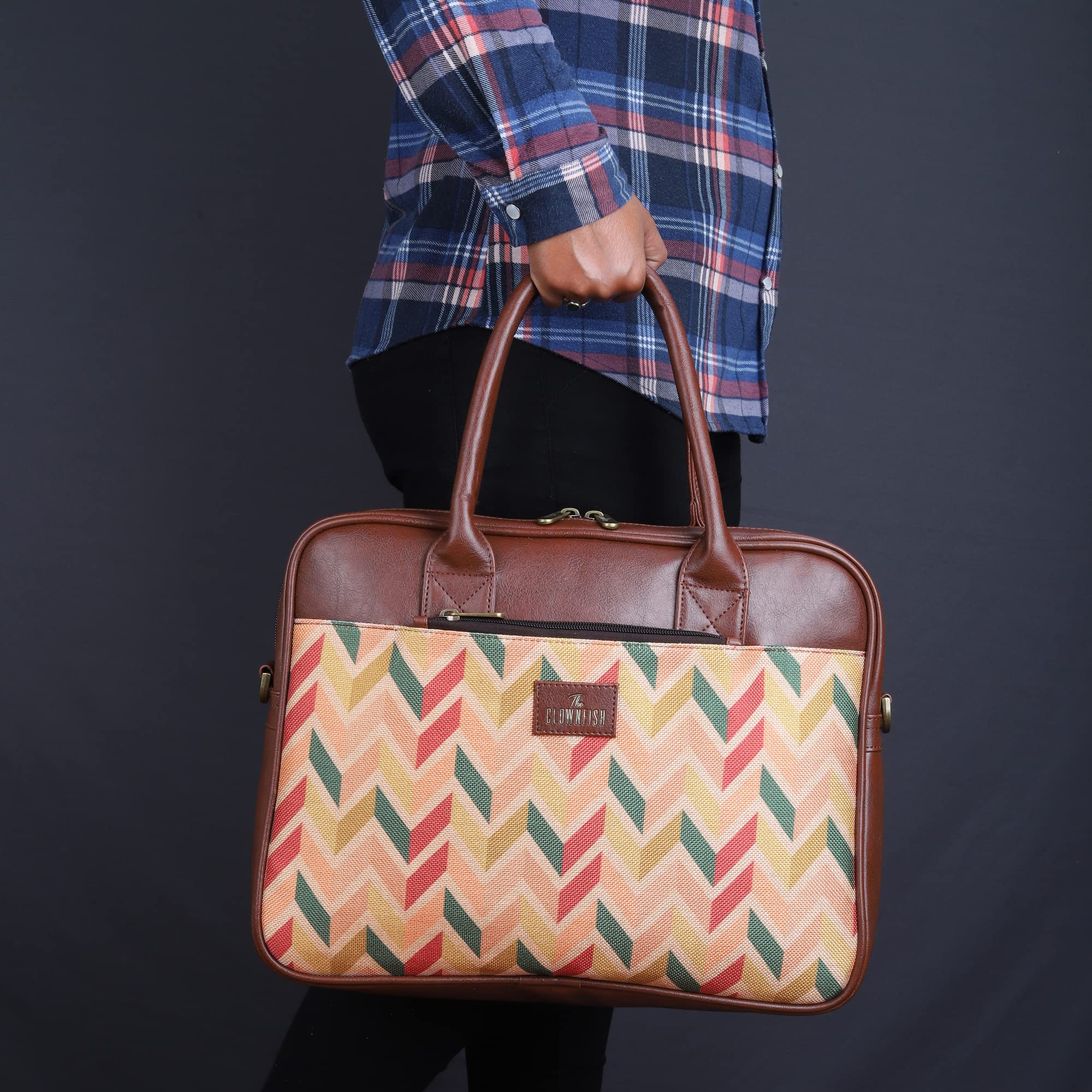 The Clownfish Deborah Series 15.6 inch Laptop Bag for Women Printed Handicraft Fabric & Faux Leather Office Bag Briefcase Messenger Sling Handbag Business Bag (Cream)