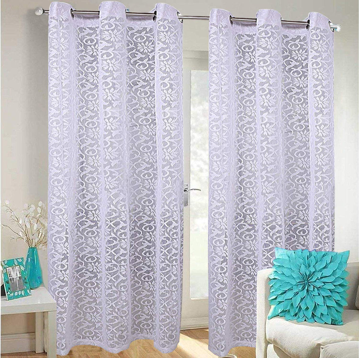 Kuber Industries Flower Design 2 Pieces Sheer Door Curtains Linen Look Semi Transparent Voile Grommet Elegance Curtains for Living Dining Room, Bedroom Drapes 48 x 84 Inch Long, (White) - CTKTC40523