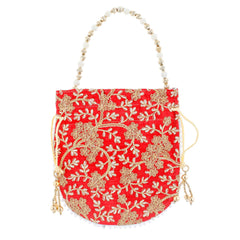 Kuber Industries Ethnic Clutch Silk 2 Pieces Potli Batwa Pouch Bag with Beadwork Gift for Women (Red & Cream) - CTKTC42147