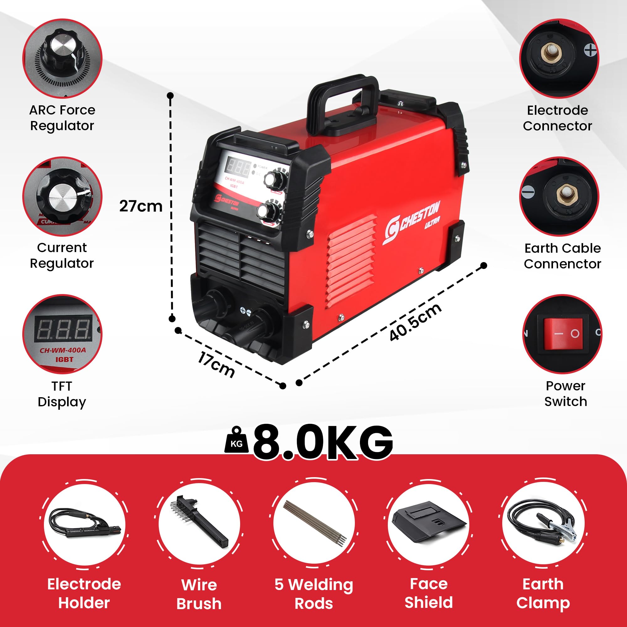 Cheston Ultra 400A Inverter Arc Welding Machine (MMA) LED Display Hot Start Welder Tool Heavy Duty with Welding Mask & Rods | For Steel, Iron, Aluminium, Copper & all other Metals Professional Use