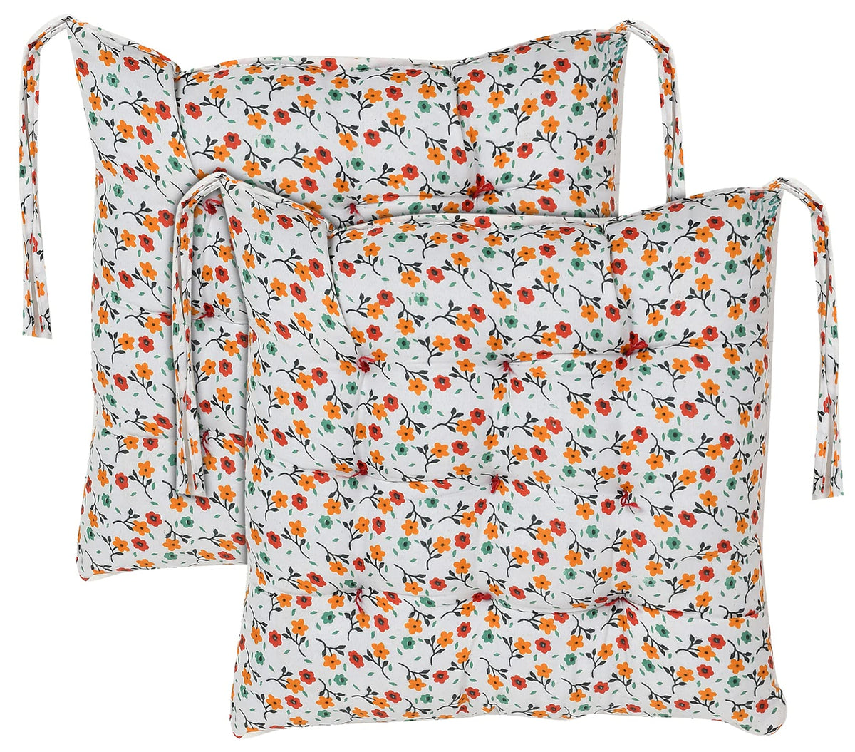 Heart Home Flower Printed Microfiber Square Chair Pad Seat Cushion for Rocking Chair, Office Chair, Dinning Chair, Indoor/Outdoor with Ties, 18 * 18 Inch- Pack of 2 (White)