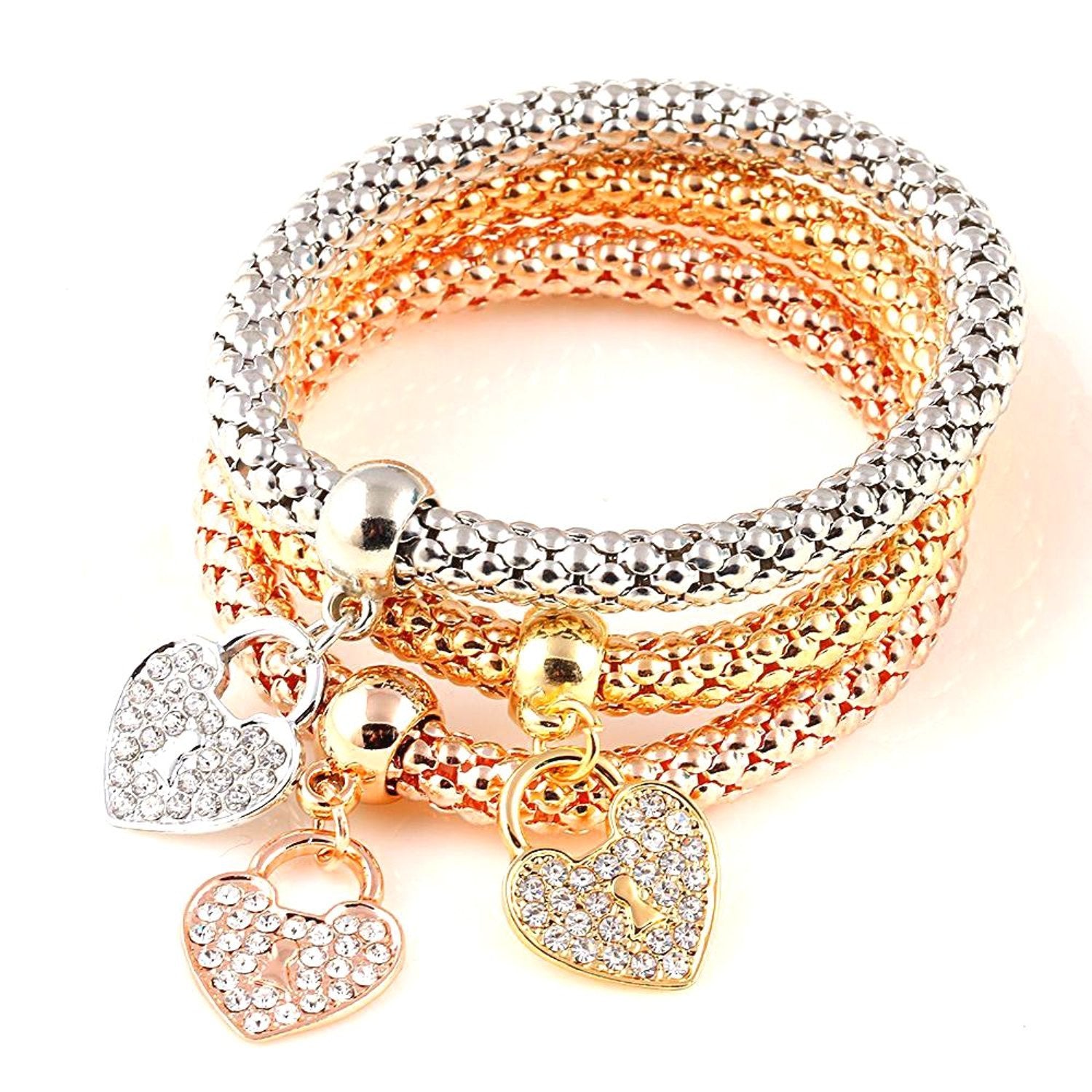 YELLOW CHIMES 3 Pcs Alloy and Australian Crystals Heart Charms Elastic Bangles and Bracelet for Women & Girls. Free Size.