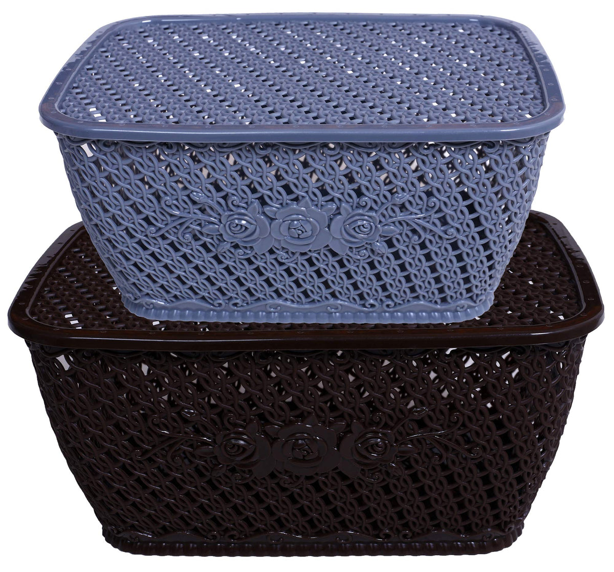 Kuber Industries Plastic 2 Pieces Small & Medium Size Multipurpose Solitaire Storage Basket for Kitchen, Office, Bedroom, Bath Room with Lid (Brown & Grey) CTKTC34376