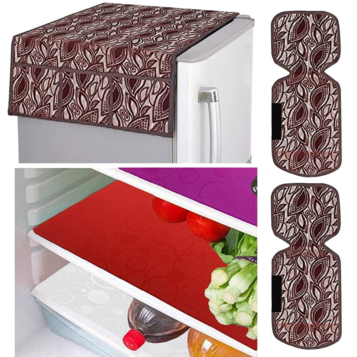 Kuber Industries Leaf Design Combo PVC 3 Pieces Fridge Mats, 2 Piece Handle Cover and 1 Piece Fridge Top Cover(Maroon)
