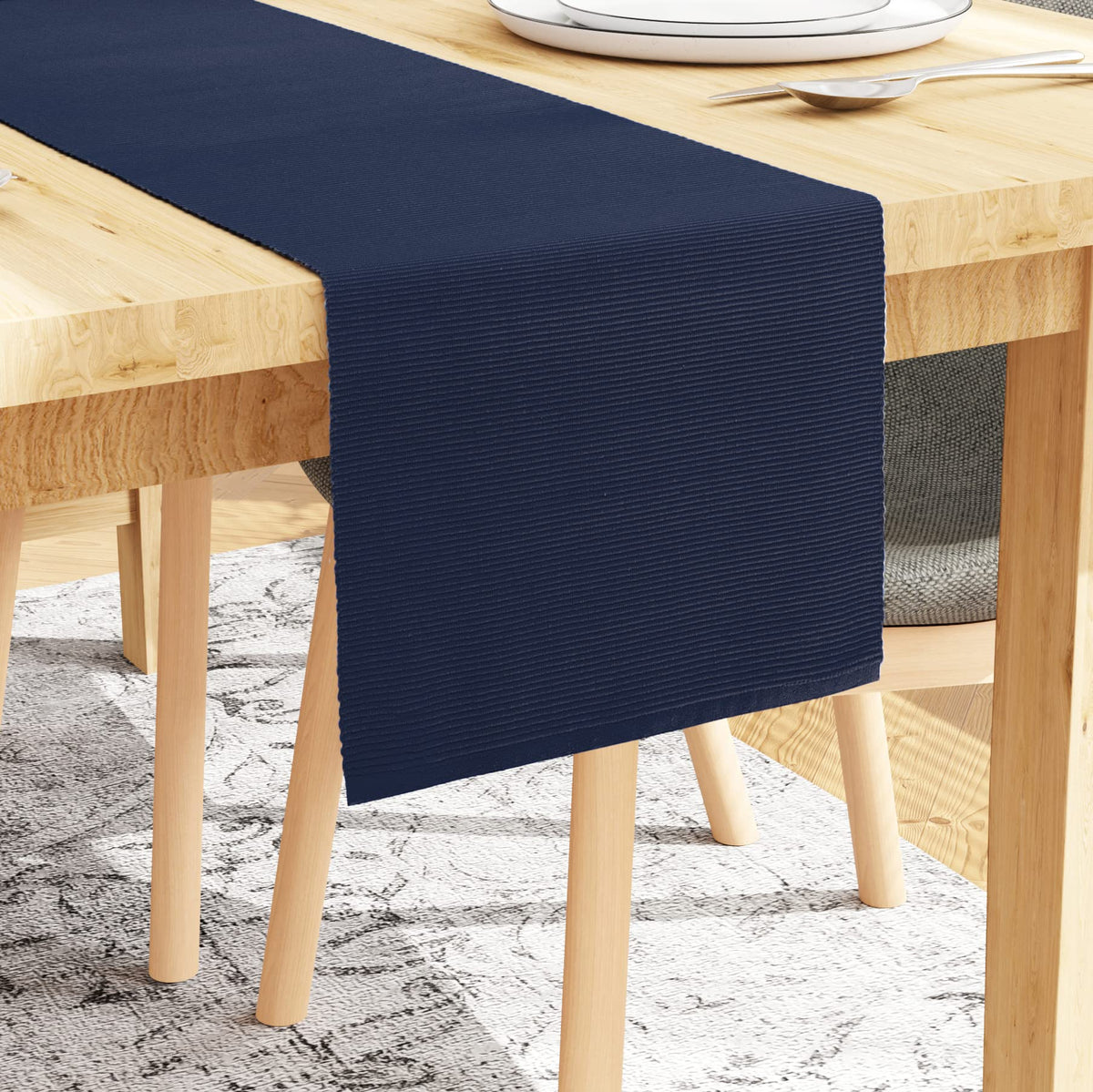 Encasa Homes Table Runner For 8 seater Dining - Solid Navy Blue | Fine Ribbed Cotton | Size 32x250 cm | Decorative Cloth For Home, Cafes, Restaurants & Hotels - Machine Washable