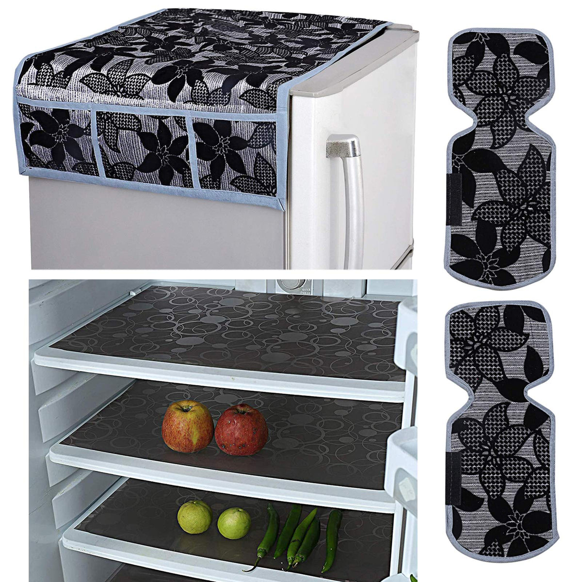 Kuber Industries Floral Design Combo PVC 3 Pieces Fridge Mats, 2 Piece Handle Cover and 1 Piece Fridge Top Cover(Black)