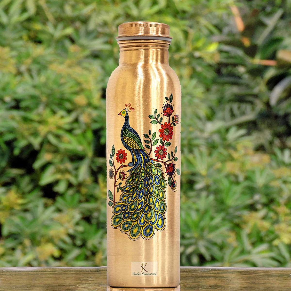 Kuber Industries Peacock Print Pure Copper Bottle for Water 1 Litre Dirt Proof Leak Proof and Joint Less Ayurveda and Yoga Health Benefits Water Bottle (Brown)-KUBKMART11576, Standard