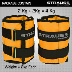 Strauss Adjustable Ankle/Wrist Weights 2 KG X 2 | Ideal for Walking, Running, Jogging, Cycling, Gym, Workout & Strength Training | Easy to Use on Ankle, Wrist, Leg, (Yellow)