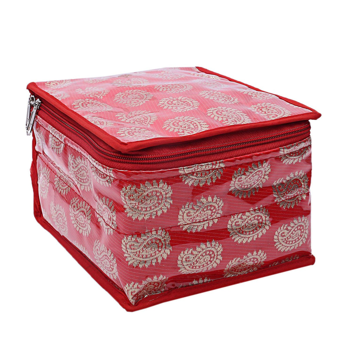 Kuber Industries Brocade Jewellery kit with 10 Pouch|Solid Print With Waterproof Outer Material|10 Pouches & Zipper Closure|Size 19 x 18 x 13, Pack of 1 (Red)