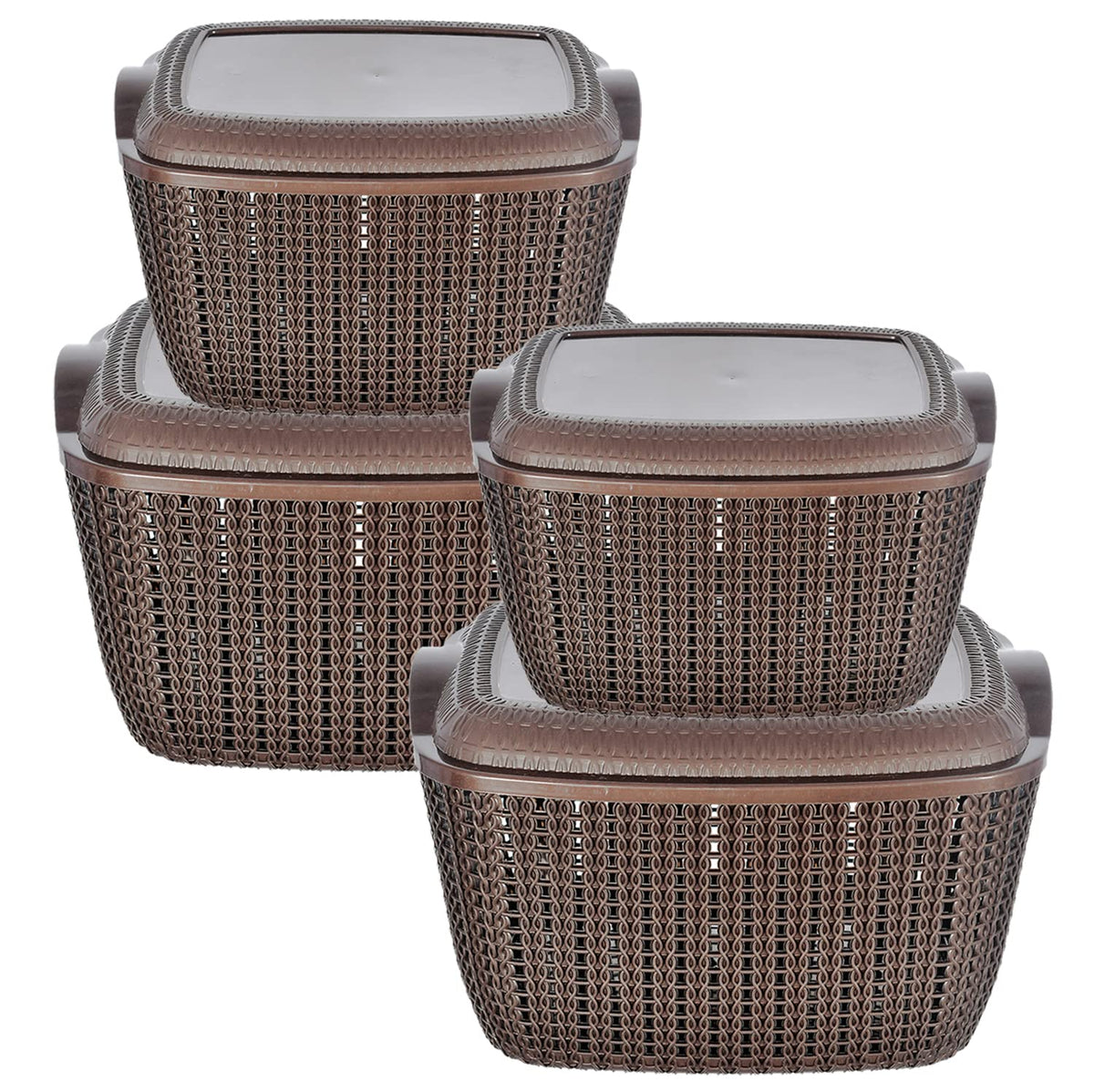 Heart Home Multiuses Large & Small M 30-25 Plastic Basket/Organizer With Lid- Pack of 4 (Brown)