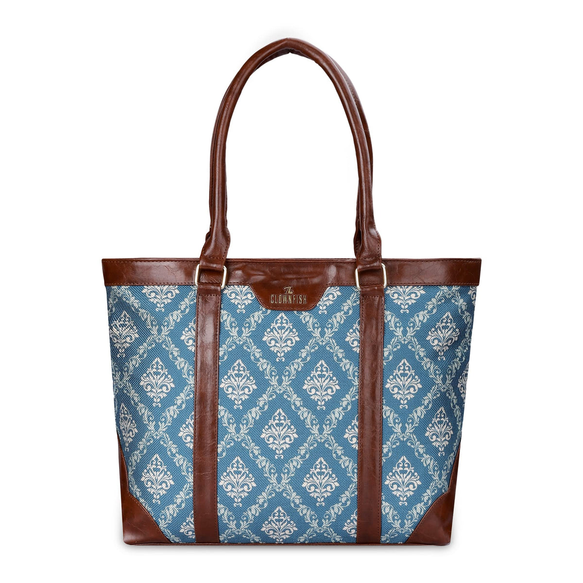 THE CLOWNFISH Miranda Series 15.6 inch Laptop Bag For Women Printed Handicraft Fabric & Faux Leather Office Bag Briefcase Hand Messenger bag Tote Shoulder Bag (Dark Blue)