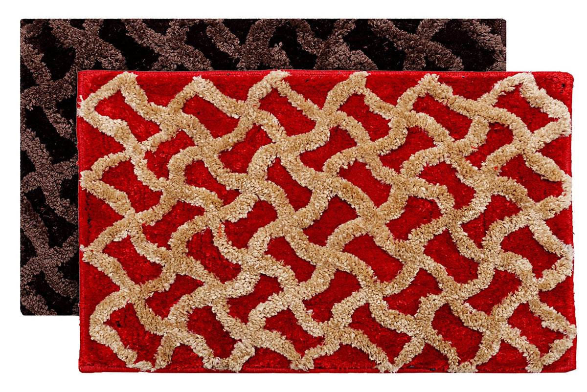 Kuber Industries Washable, Non Slip Velvet Doormat for Indoor- Pack of 2 (Dark Brown & Red)