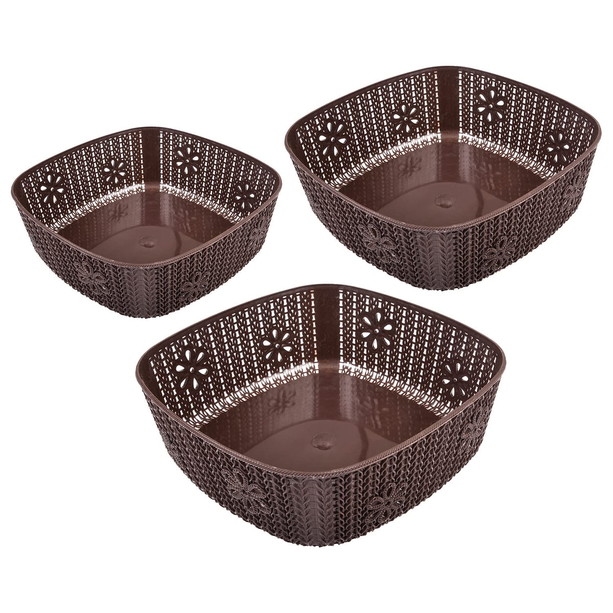 Kuber Industries Woven Design Multipurpose Square Shape Basket Ideal for Friuts, Vegetable, Toys Small, Medium, Large Pack of 3 (Brown)