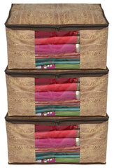 Kuber Industries Wooden Print 3 Piece Non Woven Fabric Saree Cover/Clothes Organiser For Wardrobe Set with Transparent Window, Extra Large (Brown)