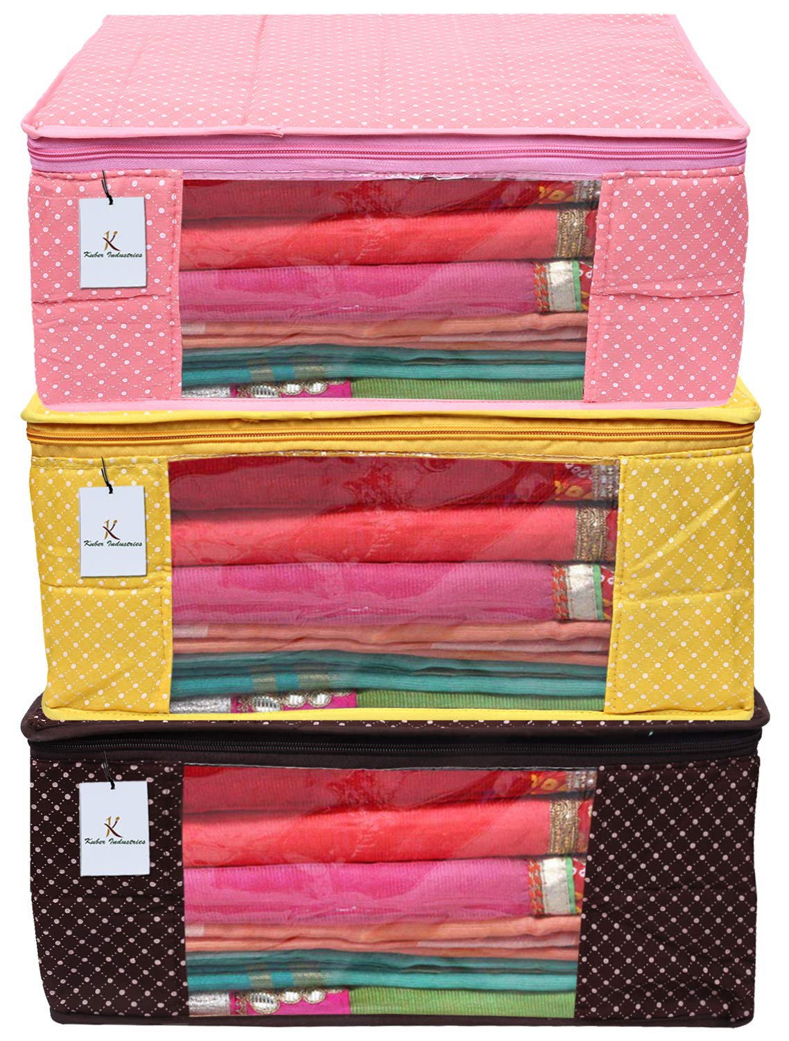 Kuber Industries Polka Dots 3 Piece Cotton 3 Layered Quilted Saree Cover, Peach, Yellow & Brown-CTKTC025878