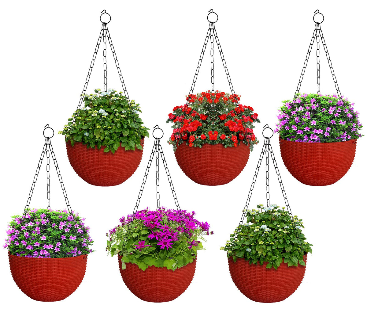 Kuber Industries Plastic Hanging Flower Pot for Balcony & Railing Set of 6 (Red) 53KM3830