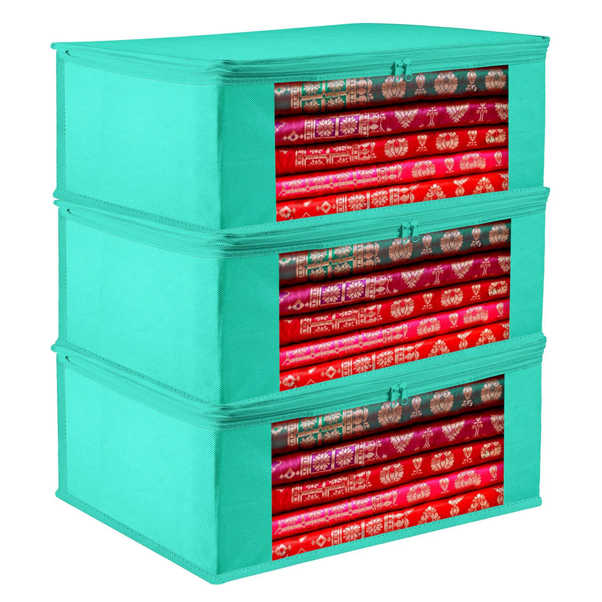 Heart Home Saree Cover | Clothes Storage Bag | Storage Organizer Bag | Zip Closure Saree Cover | Wardrobe Organizer | Plain Transparent Window Saree Cover | 6 Inch | Pack of 3 | Green