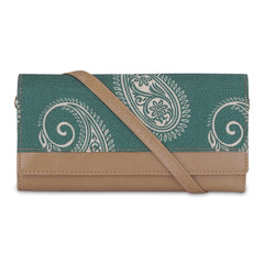 THE CLOWNFISH Erika Printed Handicraft Fabric & Vegan Leather Ladies Wallet Purse Sling Bag with Multiple Card Slots & Shoulder Belt (Fern Green)