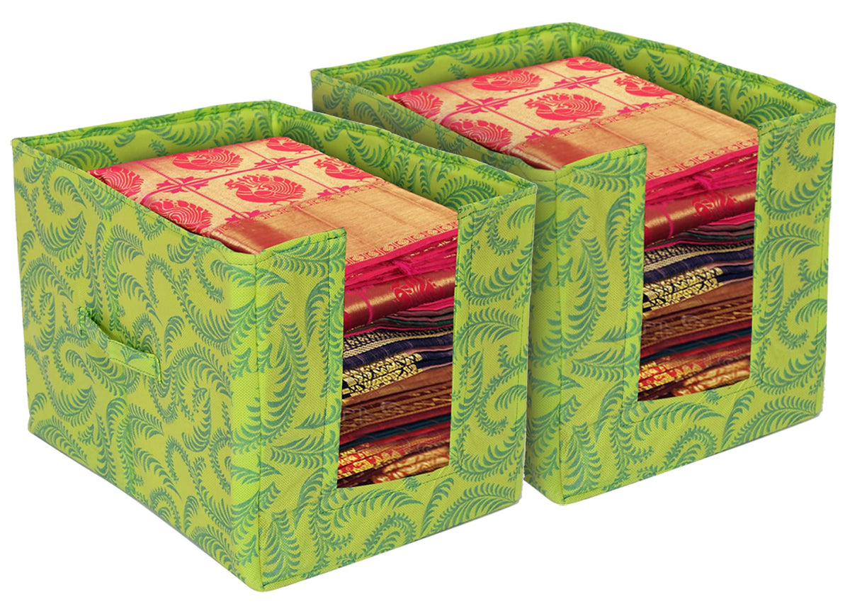 Kuber Industries Saree Organizer for Wardrobe/Closet Storage Box and Clothing Organiser for Women Clothes With Metalic Leaf Print- Pack of 2 (Green)