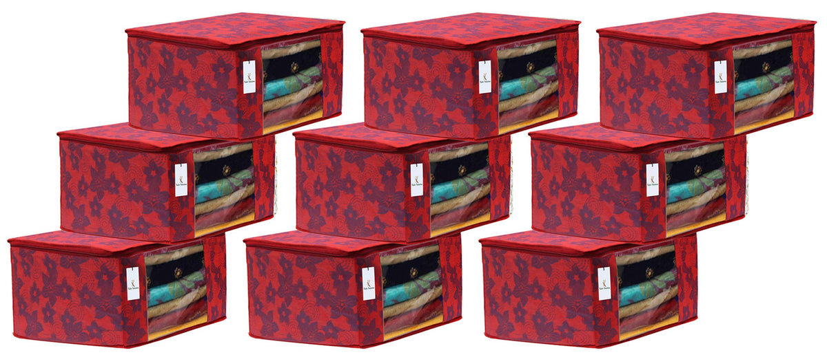 Kuber Industries Metalic Printed 9 Piece Non Woven Fabric Saree Cover Set with Transparent Window, Extra Large, Red-CTKTC031894