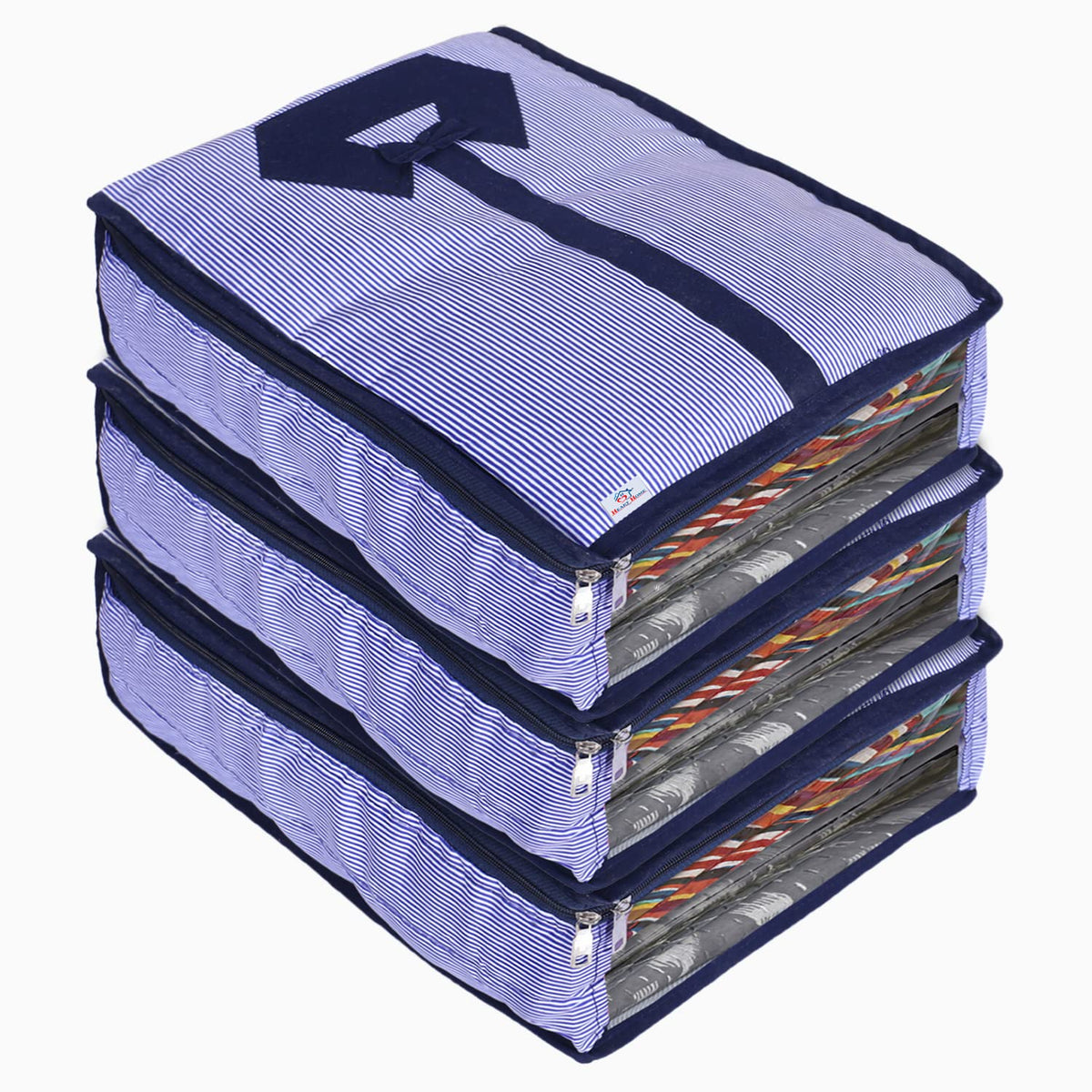 Heart Home Lining Print Cotton Shirt Cover/Clothing Organizer/Wardrobe Organizer With Window For Home, Traveling Pack of 3 (Blue) 52HH4098