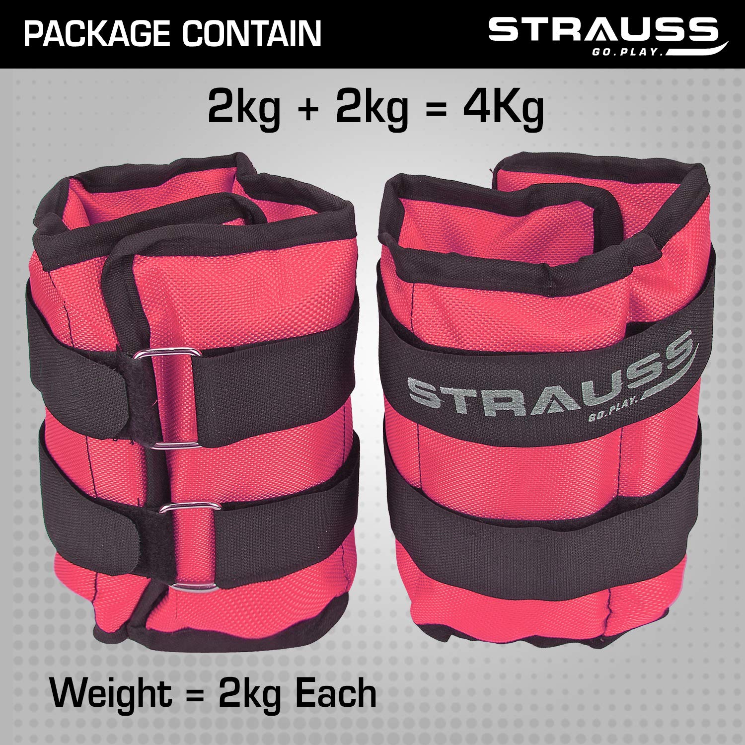 Strauss Adjustable Ankle/Wrist Weights 2 KG X 2 | Ideal for Walking, Running, Jogging, Cycling, Gym, Workout & Strength Training | Easy to Use on Ankle, Wrist, Leg, (Pink)
