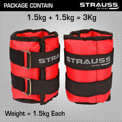 Strauss Adjustable Ankle/Wrist Weights 1.5 KG X 2 | Ideal for Walking, Running, Jogging, Cycling, Gym, Workout & Strength Training | Easy to Use on Ankle, Wrist, Leg, (Red)