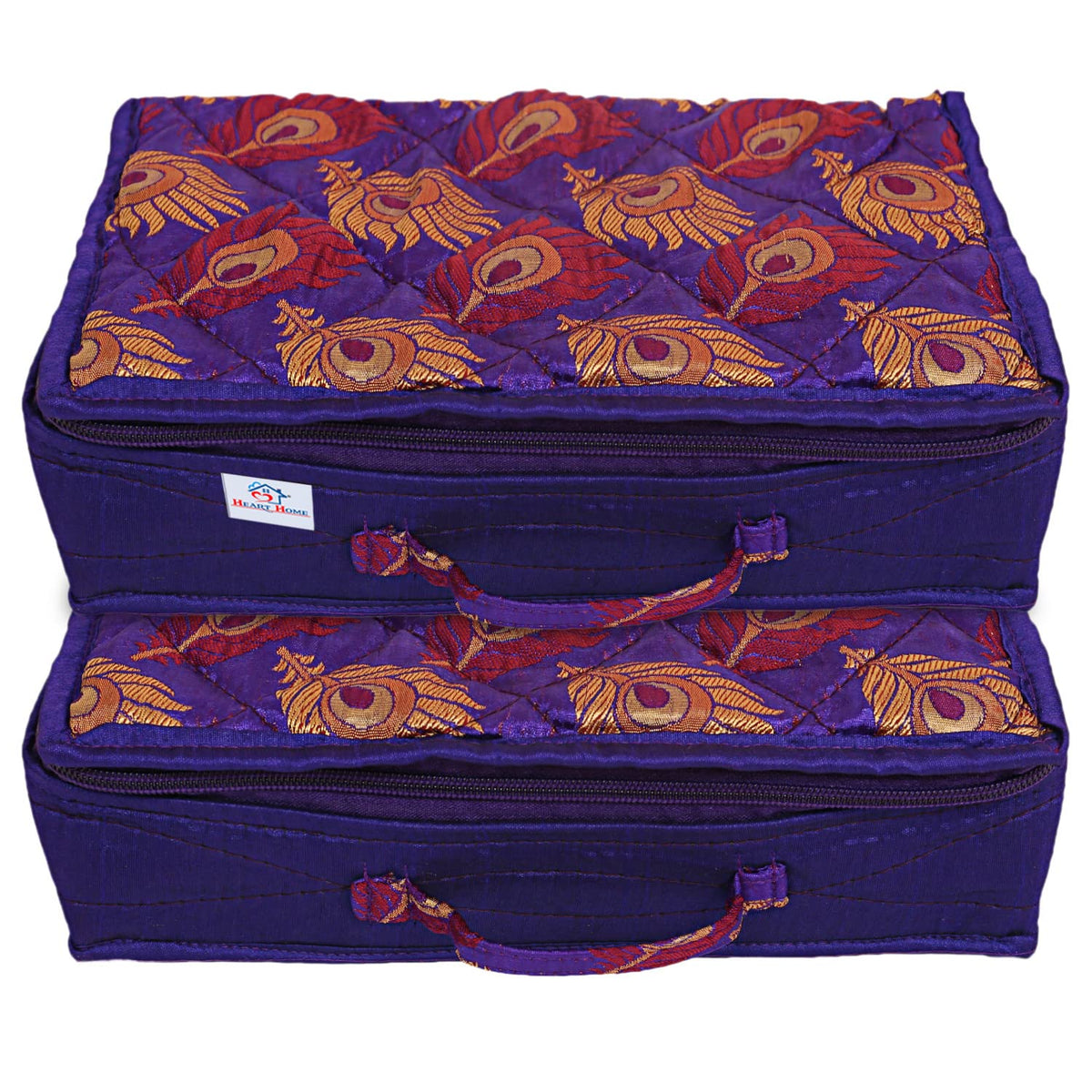 Heart Home Feather Print Satin Jewellery Organizer For Small Jewellery With 4 Pouches Pack Of 2 (Purple) 54HH4061.