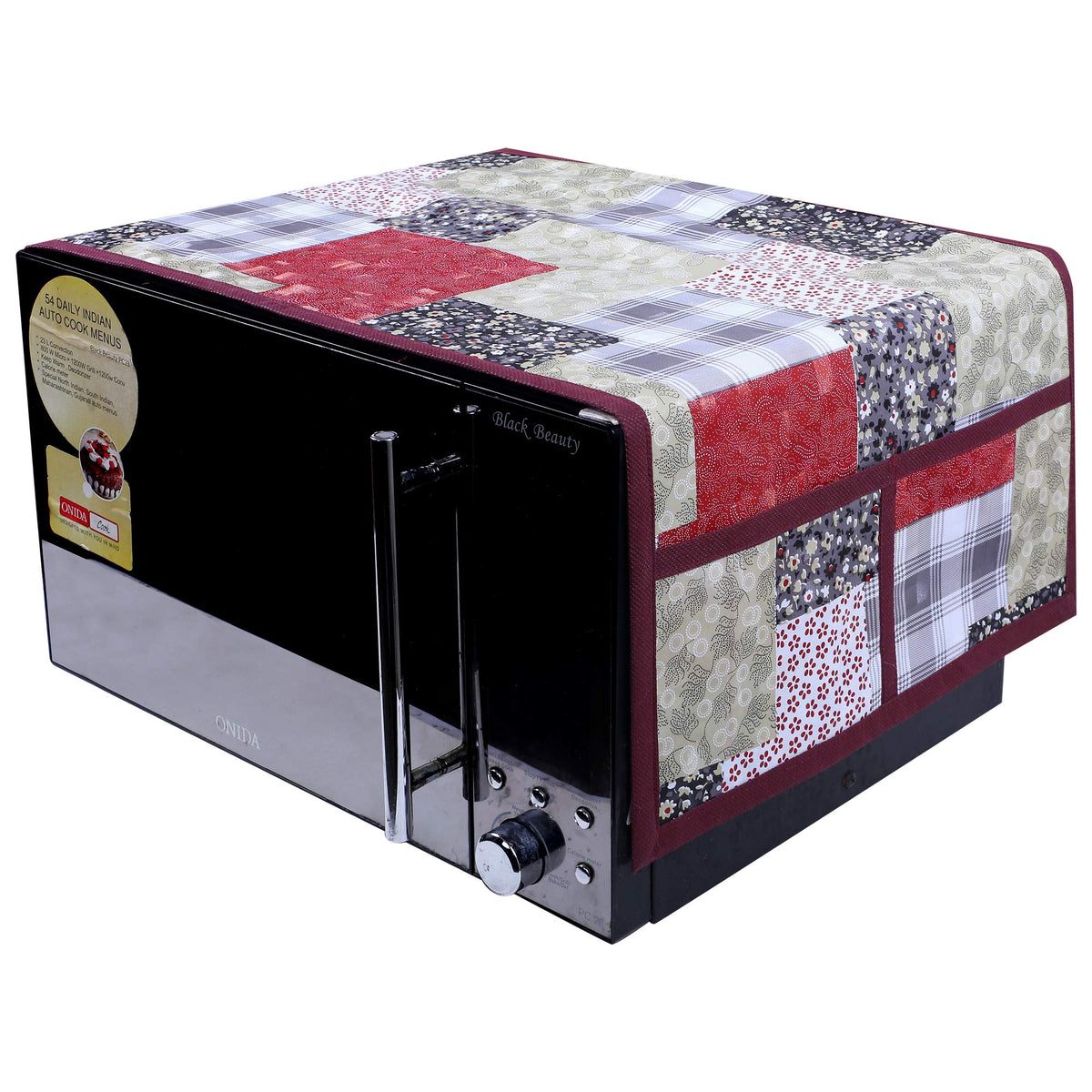 Kuber Industries 3D Checkered Design PVC Microwave Oven Top Cover 30 Liter with Utility 4 Pockets (Maroon) - CTKTC40678