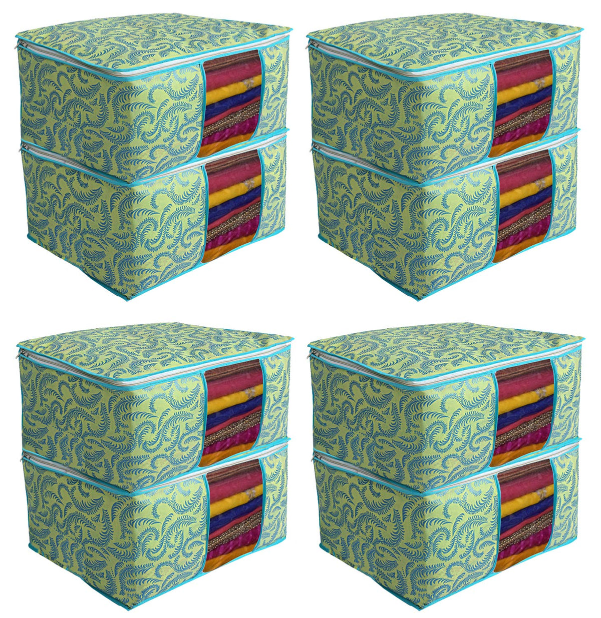 Kuber Industries Metallic Print 8 Piece Non Woven Saree Cover, Green, (CTKTCMETALIC22)