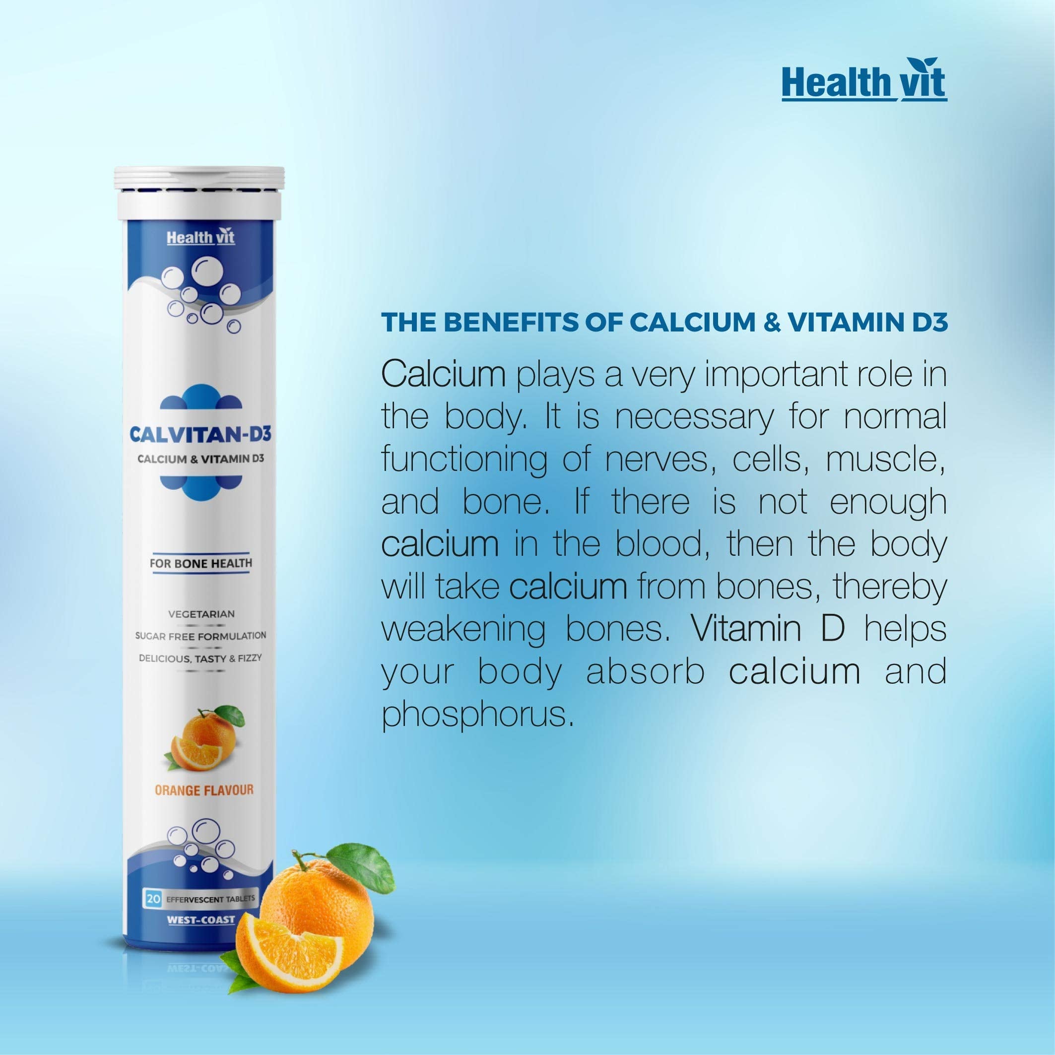 Healthvit Calvitan-D3 Calcium 500mg & Vitamin D3 400IU | For Healthy Bone And Joints | Sugar Free 20 Effervescent Tablets (Orange Flavor)