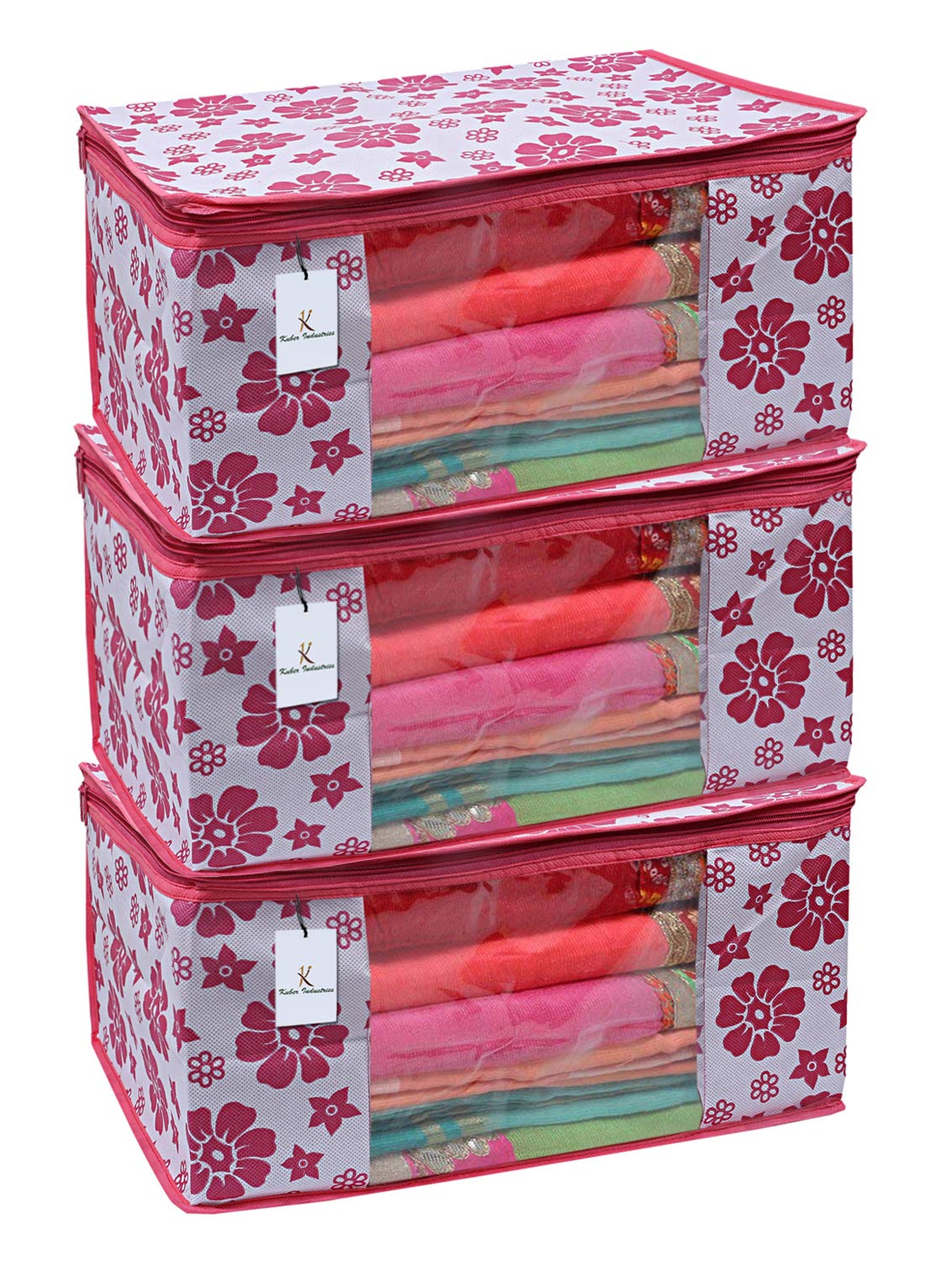 Kuber Industries 3 Piece Non Woven Saree Cover Set, Pink,Large Size -CTKTC6400