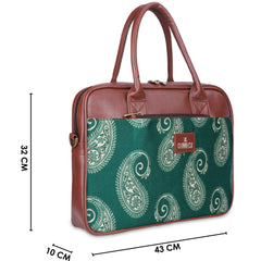 THE CLOWNFISH Deborah series 15.6 inch Laptop Bag For Women Printed Handicraft Fabric & Faux Leather Office Bag Briefcase Messenger Sling Handbag Business Bag (Fern Green)