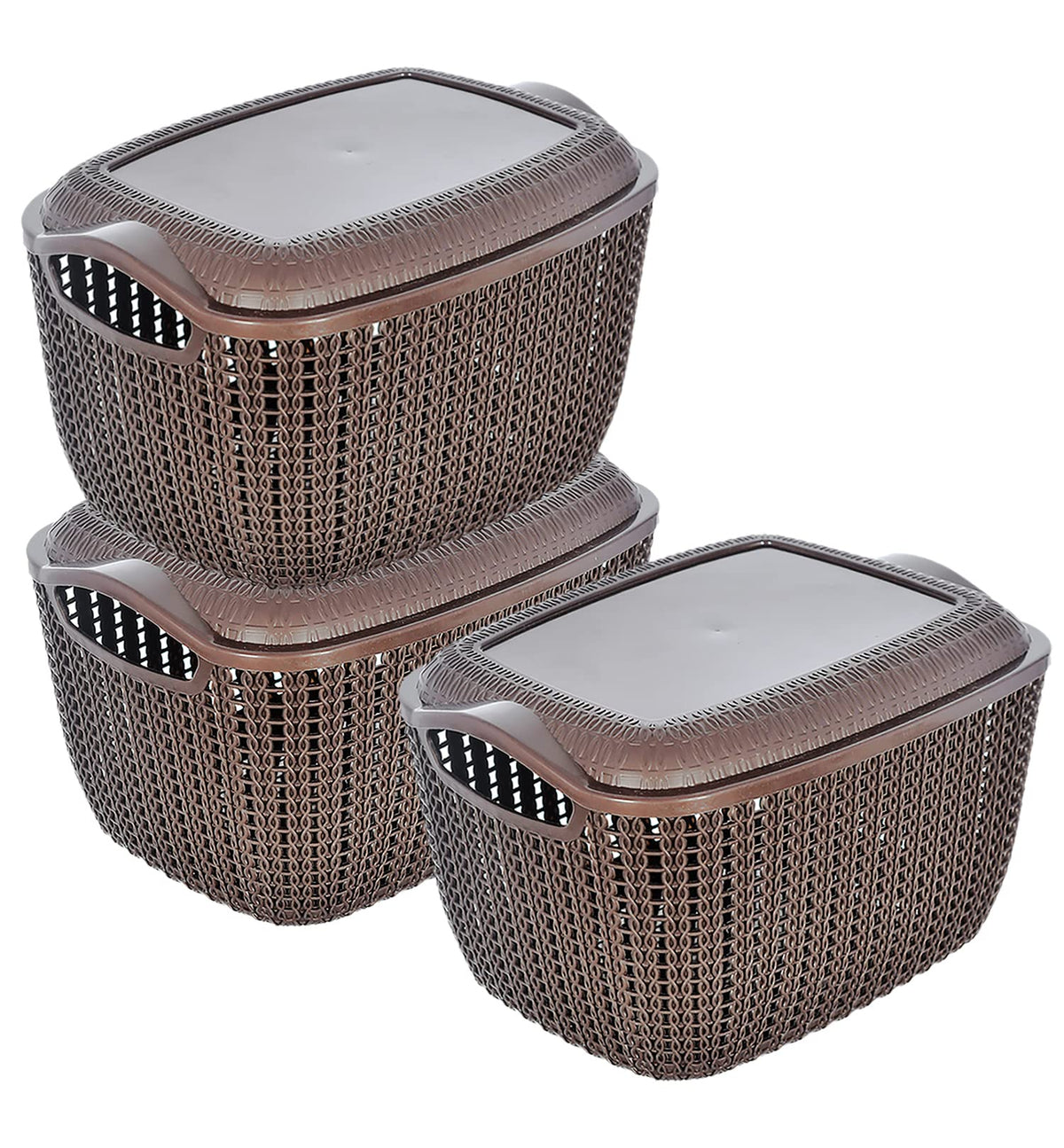 Heart Home Multiuses Small M 25 Plastic Basket/Organizer With Lid- Pack of 3 (Brown) -46HH039