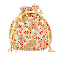 Kuber Industries Ethnic Clutch Silk 2 Pieces Potli Batwa Pouch Bag with Beadwork Gift for Women (Red & Cream) - CTKTC42147
