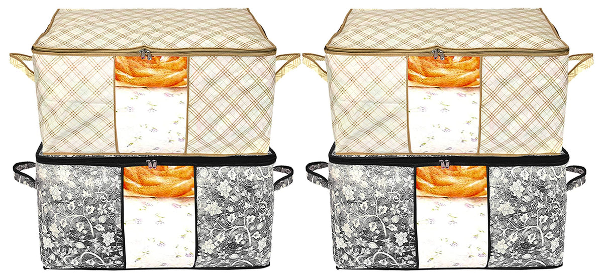 Kuber Industries Metalic Flower,Checkered Print Non Woven 4 Pieces Underbed Storage Bag,Cloth Organiser,Blanket Cover with Transparent Window (Ivory & Black)-KUBMART16637