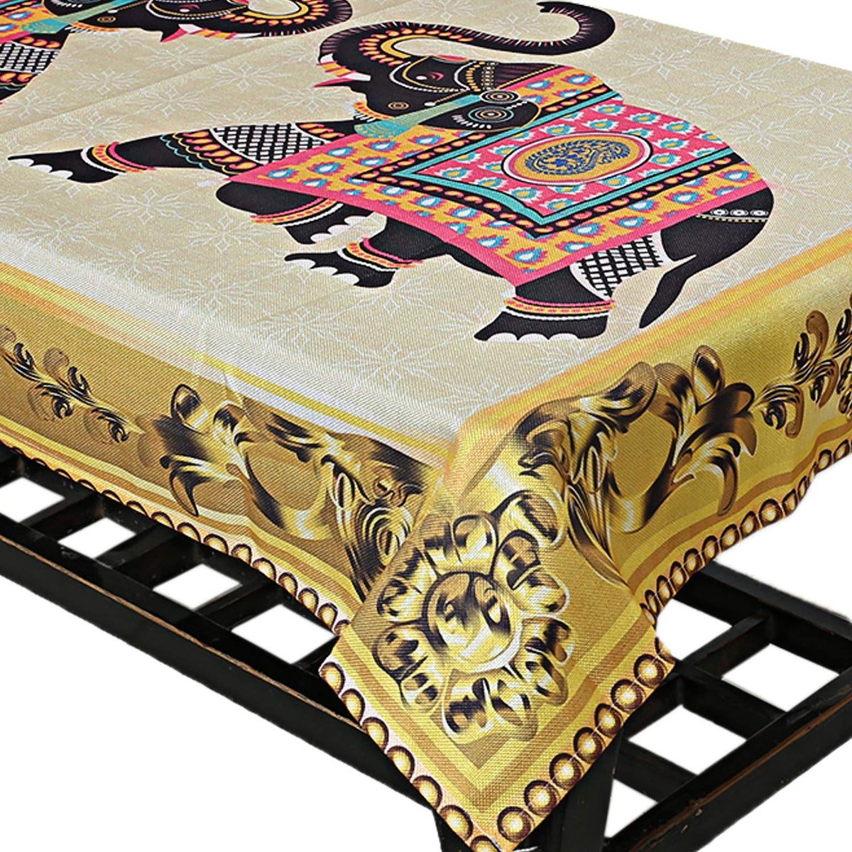 Kuber Industries Elephant Design Jute 4 Seater Center Table Cover - Gold