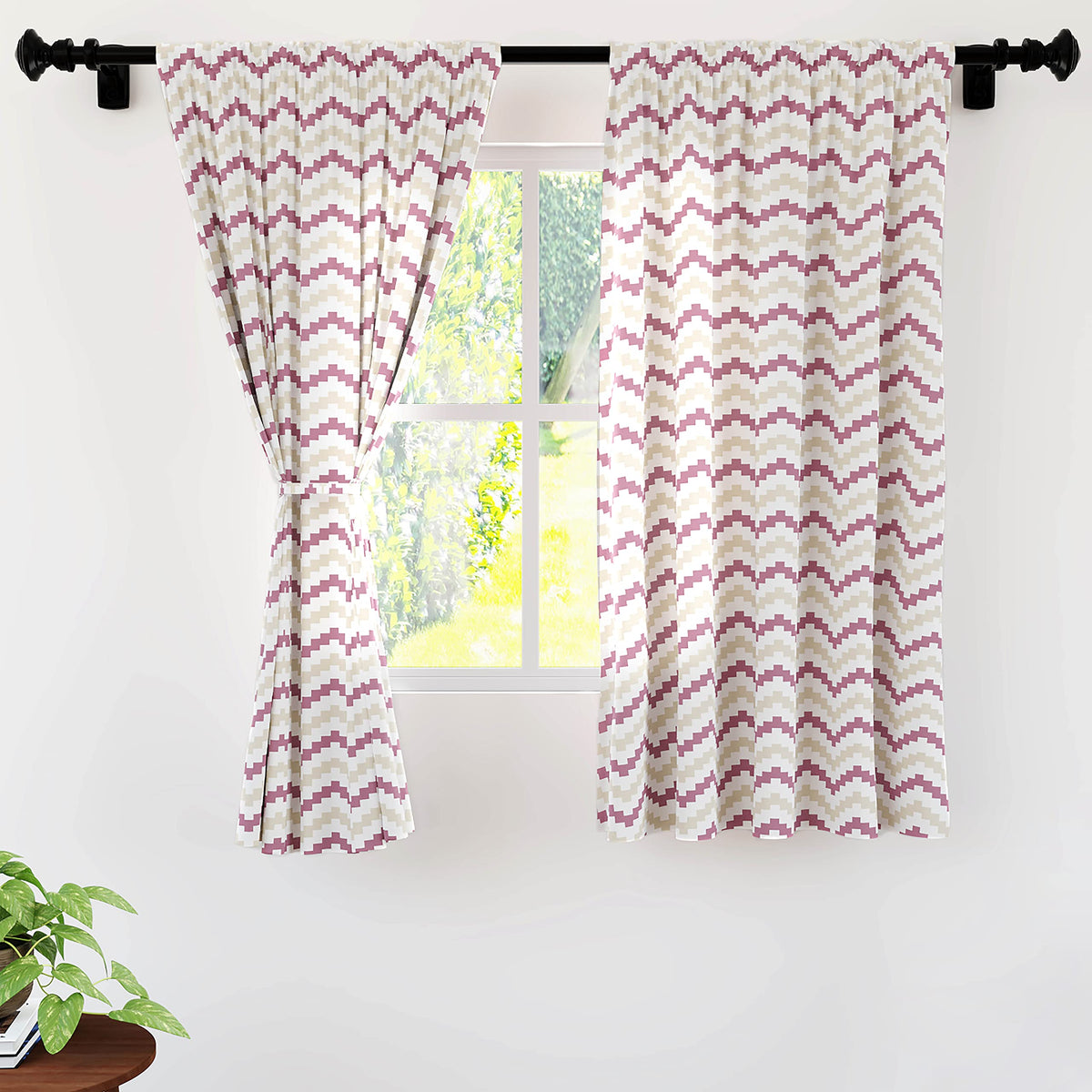 Encasa Homes Polyester Printed Window Curtain for 5 ft with Tie Back, Rod Pocket, Light-Filtering, Curtains for Kitchen, Bedroom, Living Room (140x150 cm), Chevron Brown, Set of 2