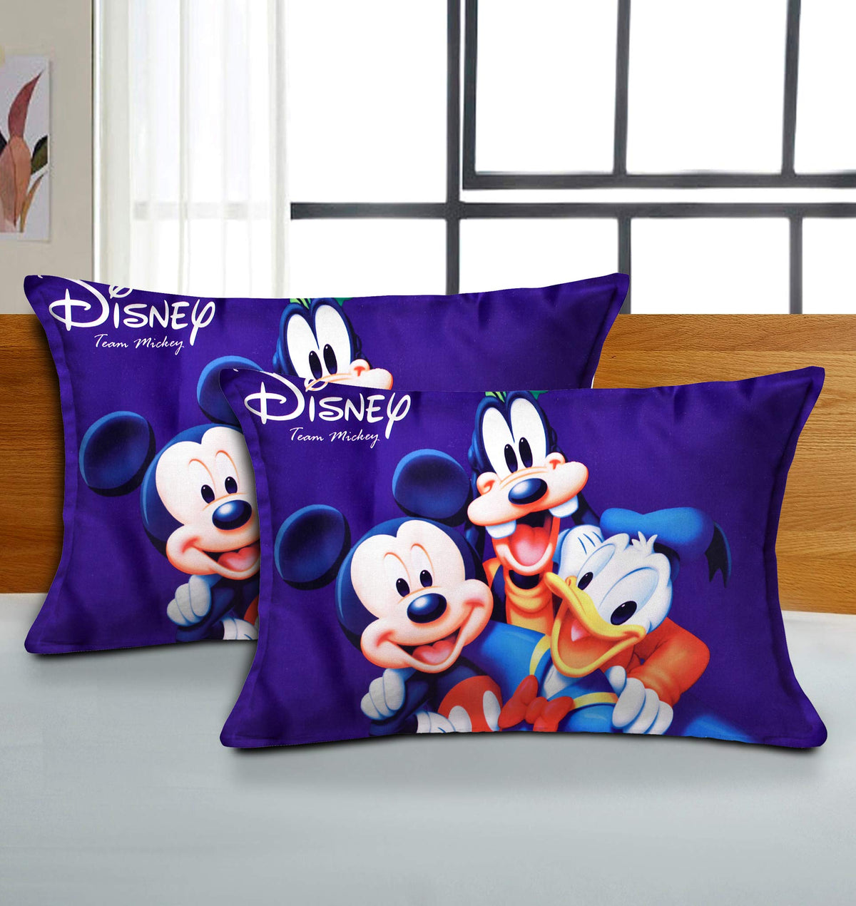 Kuber Industries Disney Team Mickey Print Silk Special Long Crush Pillow Cover- Set of 2, Royal Blue-KUBMART0174