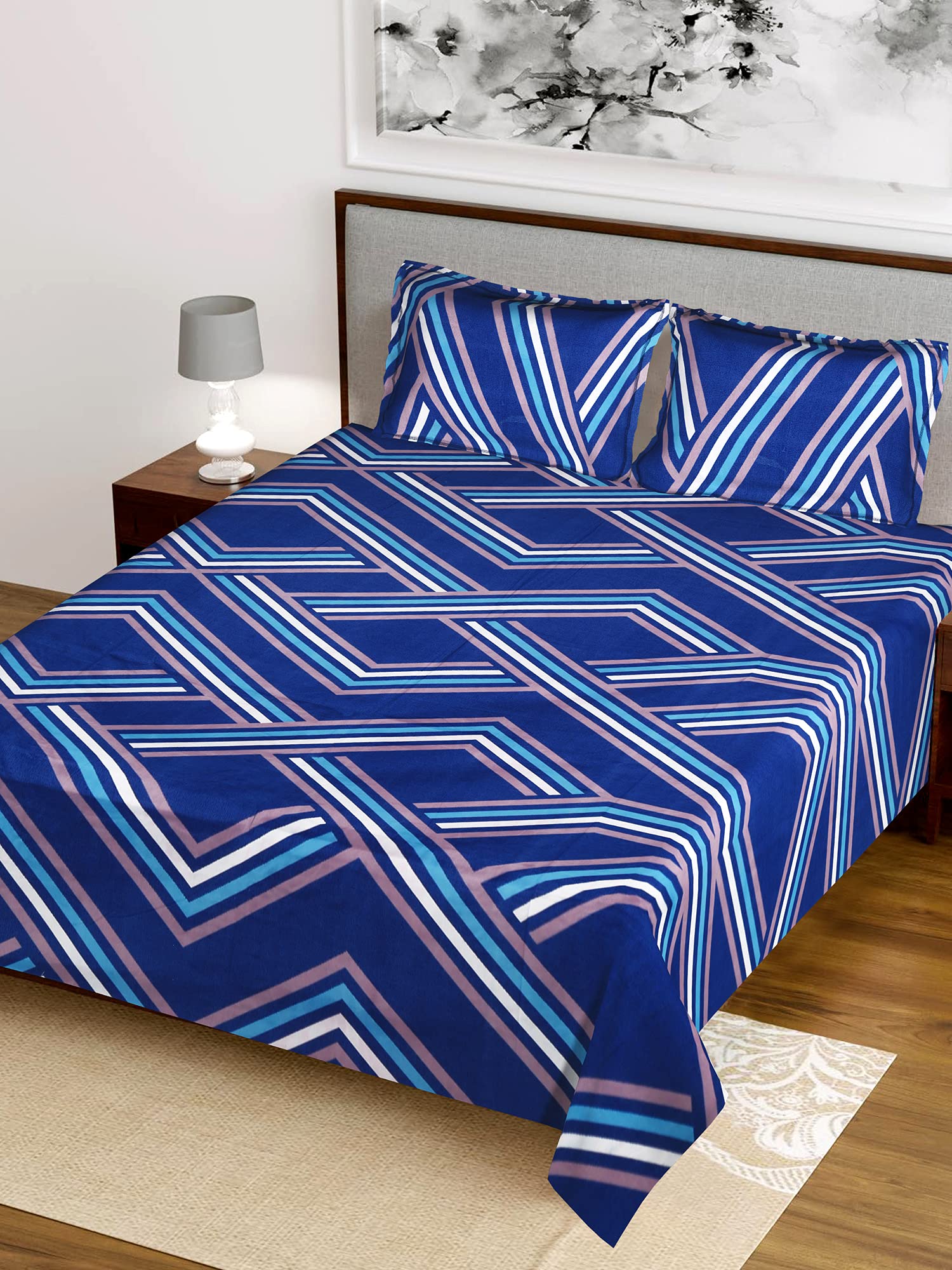 Kuber Industries Zig Zag Printed Glace Cotton Double Bedsheet with 2 Pillow Covers (Blue)-HS43KUBMART26798