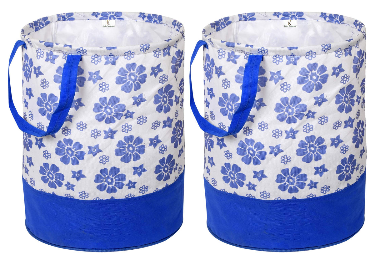 Kuber Industries Flower Print Round Non Woven Fabric Foldable Laundry Organiser With Handles,45 Ltr (Set Of 2, Blue)-KUBMART11611