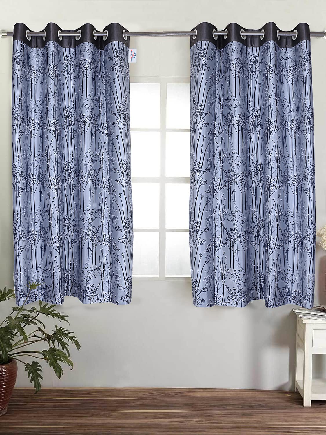 Heart Home Polyester Decorative 5 Feet Window Curtain|Tree Branches Print Darkening Blackout|Drapes Curatin with 8 Eyelet for Home & Office, Pack of 2 (Gray)