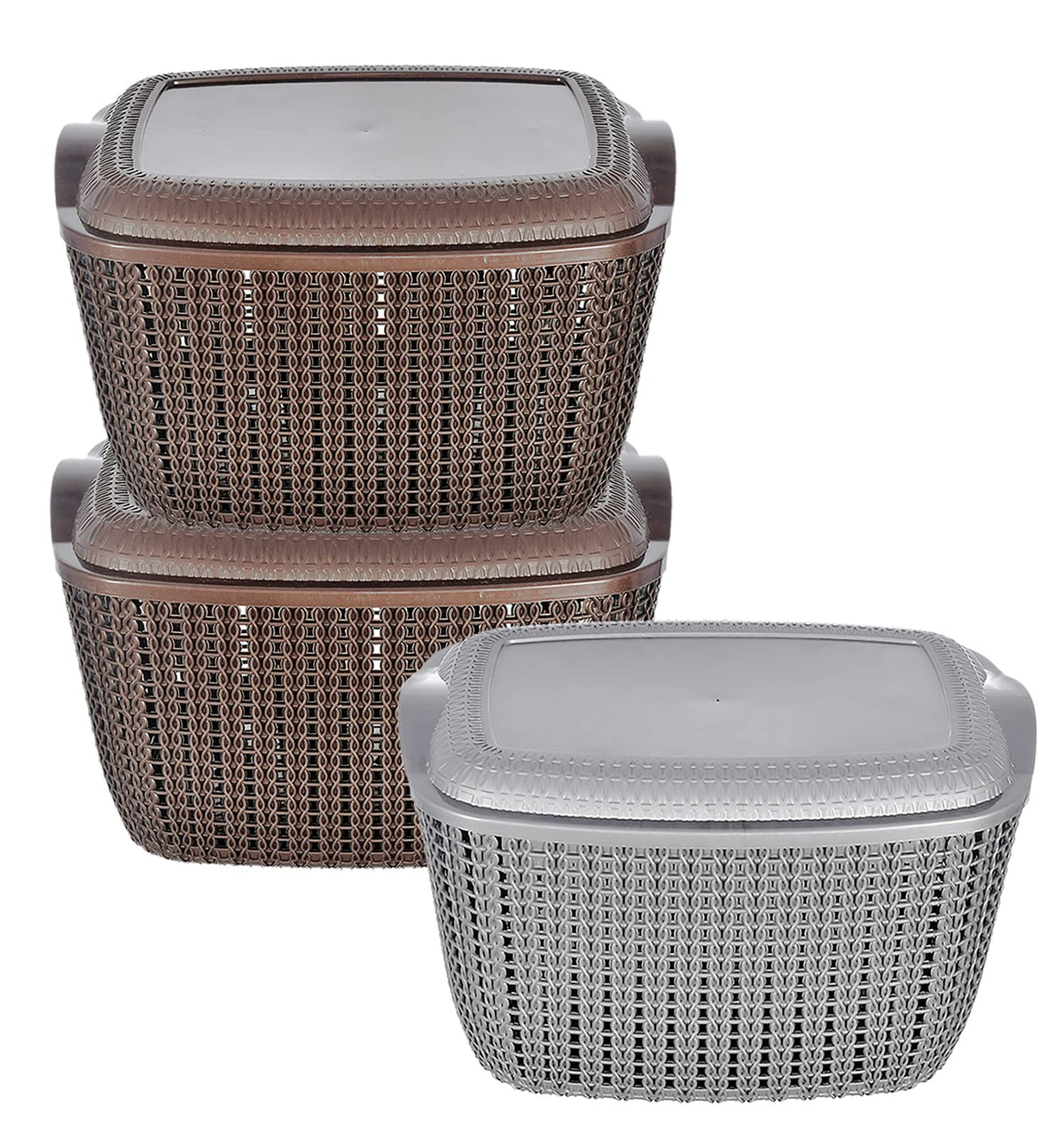 Heart Home Multipurposes Small M 25 Plastic Basket, Organizer For Kitchen, Countertops, Cabinets, Bathroom With Lids- Pack of 3 (Brown & Grey & Brown) -46HH048