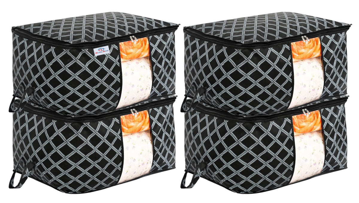 Heart Home Non-Woven Check Print Jumbo Underbed Storage Bag|Clothes Organizer For Clothes, Quilts, Blankets With Handle Pack of 4 (Black)