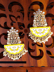 Yellow Chimes Ethnic Gold Plated Traditional Yellow Meenakari Peacock Flower Design Moti Beads Chandbali Earrings for Women and Girls, Medium (YCTJER-105MNKDNG-YL)