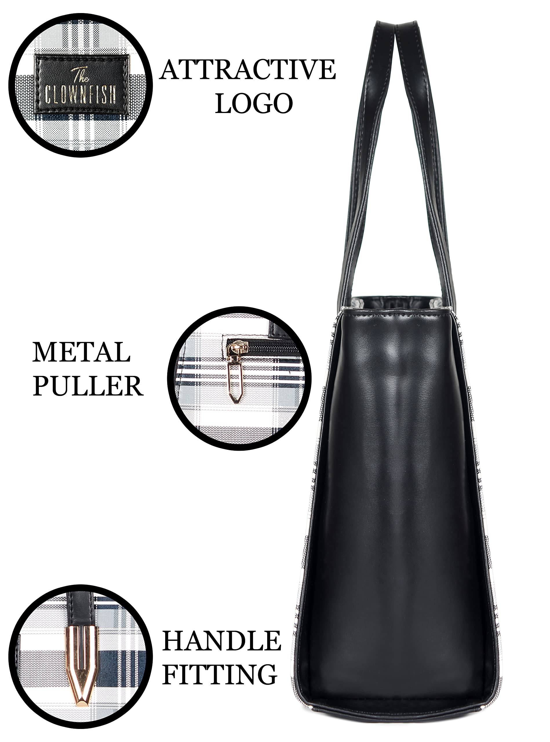 The Clownfish Agnes Handbag for Women Office Bag Ladies Shoulder Bag Tote for Women College Girls-Checks Design (Black)