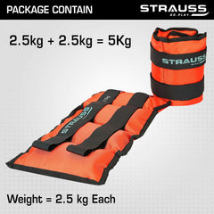 Strauss Adjustable Ankle/Wrist Weights 2.5 KG X 2 | Ideal for Walking, Running, Jogging, Cycling, Gym, Workout & Strength Training | Easy to Use on Ankle, Wrist, Leg, (Orange)